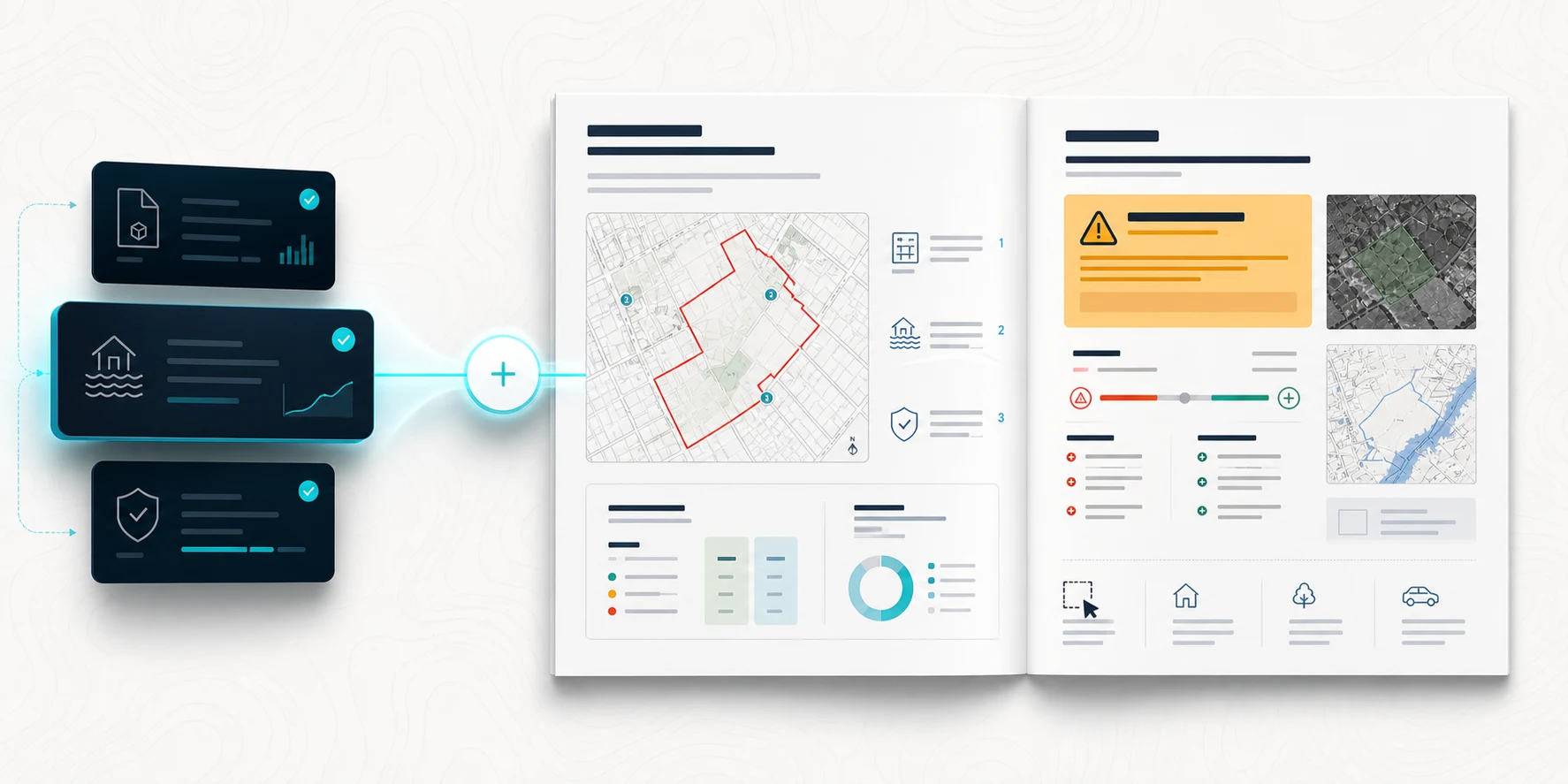 Verified evidence cards flowing into an editable two-page viability pitch with a site map, verdict and citations